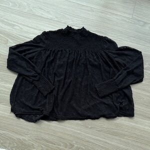 Black Smocked High-Neck Long Sleeve Blouse